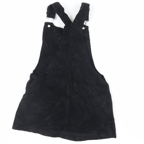 F&F Girls Black Floral Cotton Pinafore/Dungaree Dress Size 3-4 Years Square Neck Button - Embroidered