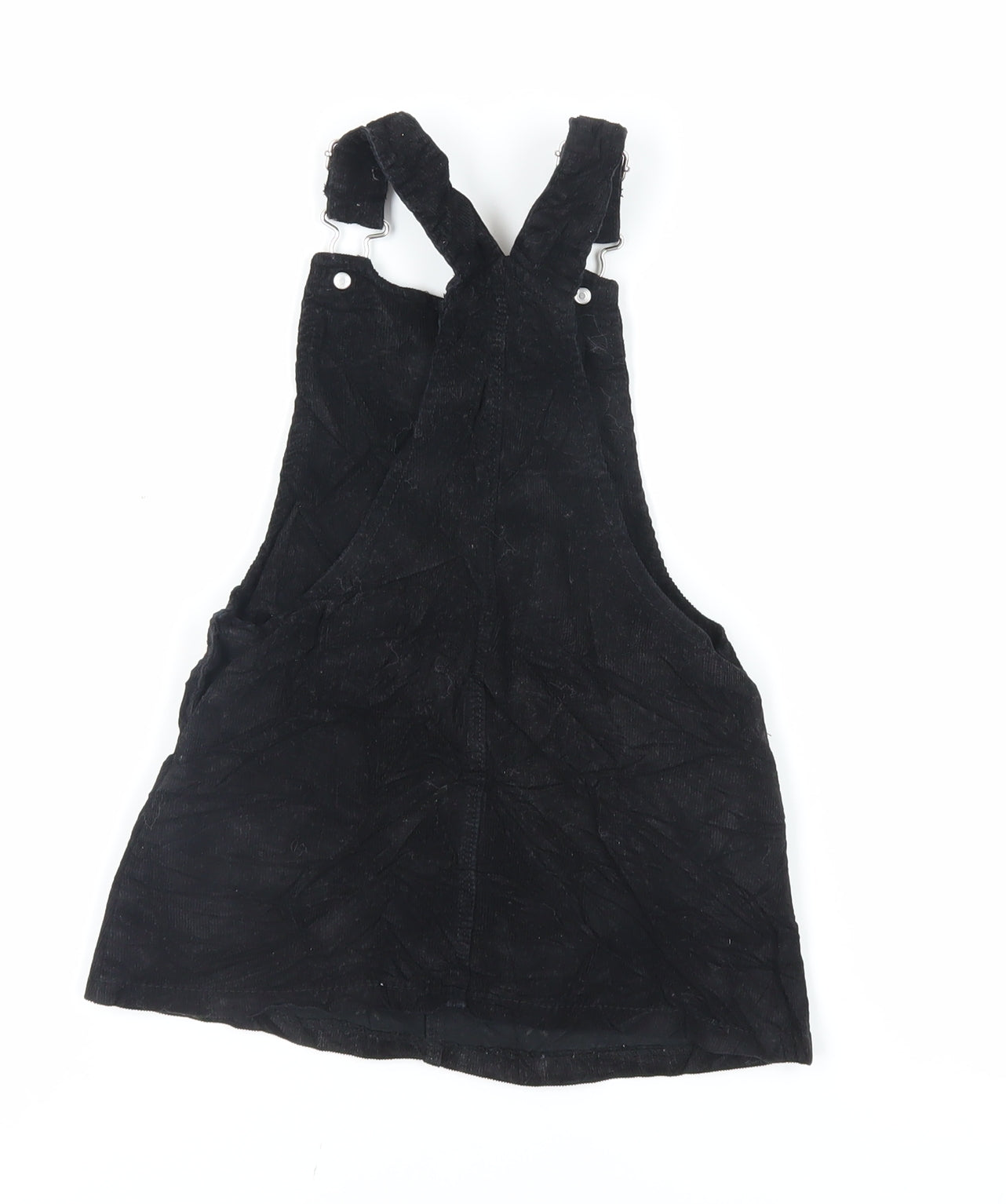 F&F Girls Black Floral Cotton Pinafore/Dungaree Dress Size 3-4 Years Square Neck Button - Embroidered