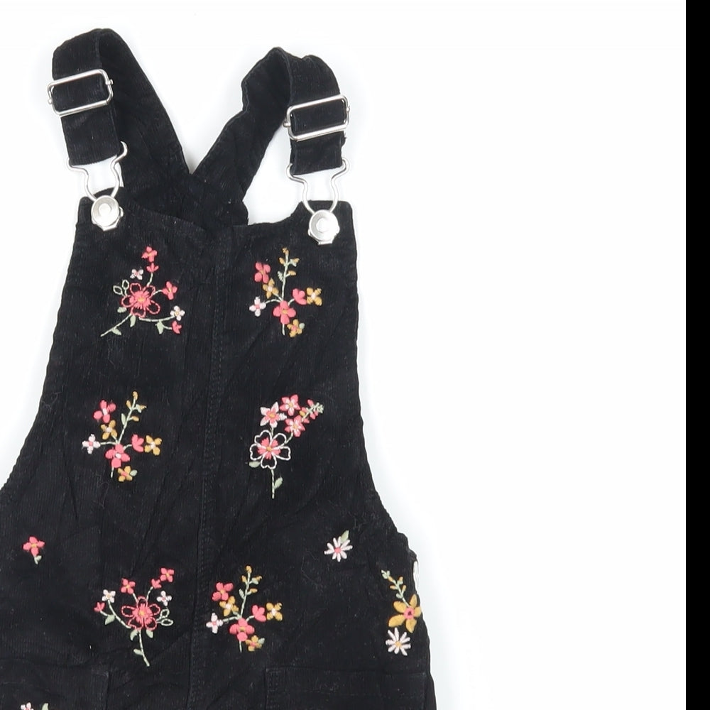 F&F Girls Black Floral Cotton Pinafore/Dungaree Dress Size 3-4 Years Square Neck Button - Embroidered