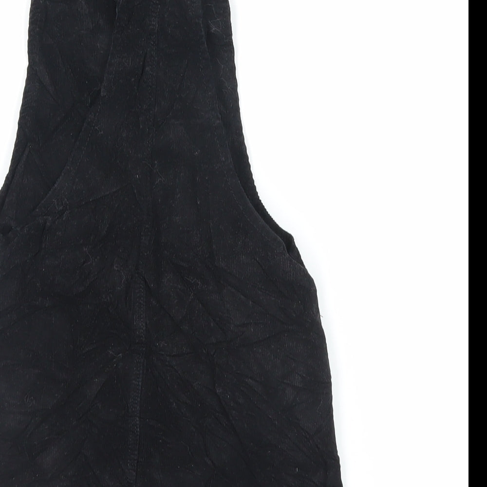 F&F Girls Black Floral Cotton Pinafore/Dungaree Dress Size 3-4 Years Square Neck Button - Embroidered