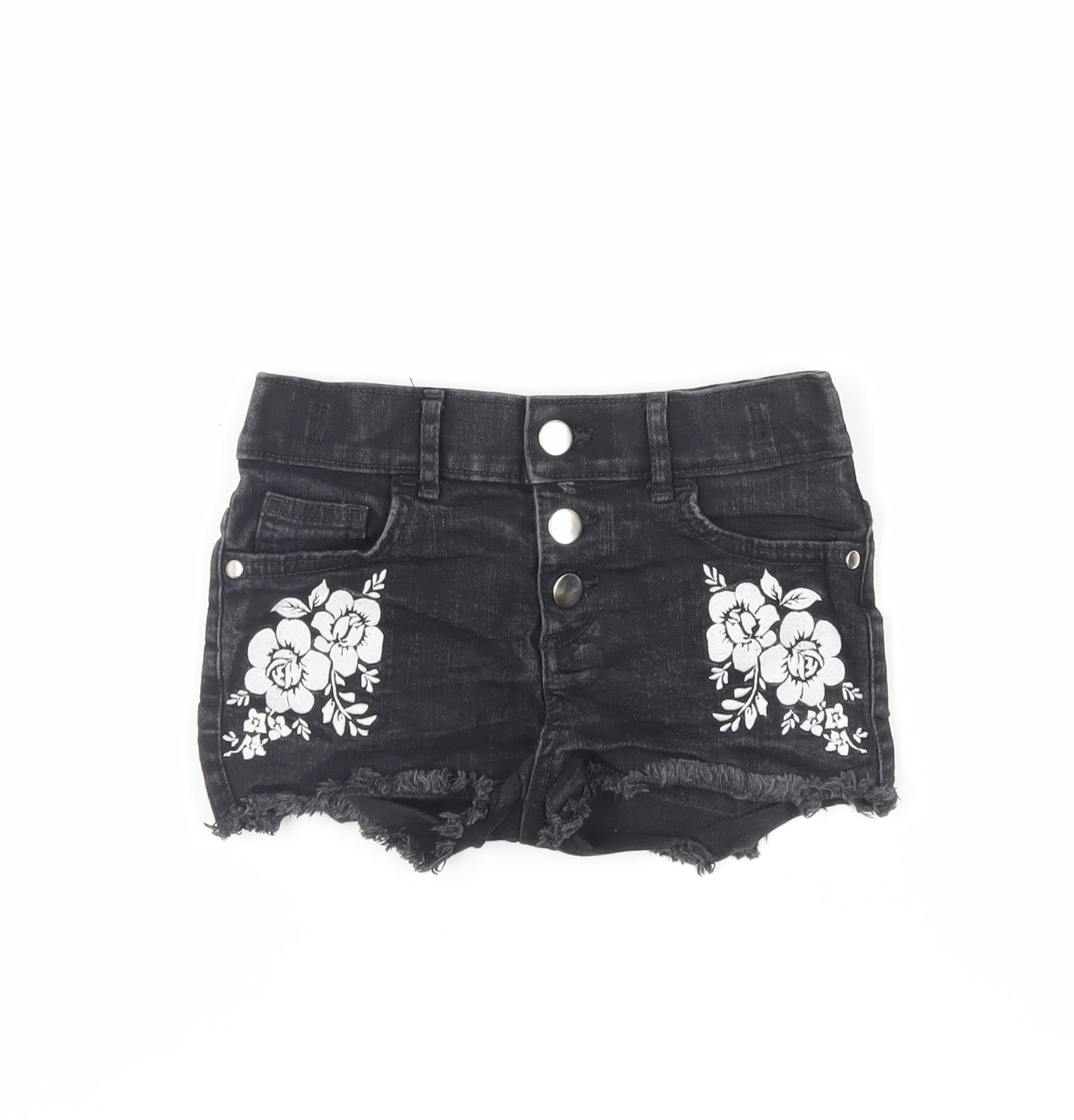 F&F Girls Black Cotton Cut-Off Shorts Size 6-7 Years Regular Buckle - Embroidered Flowers