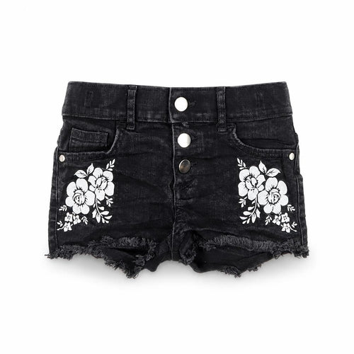 F&F Girls Black Cotton Cut-Off Shorts Size 6-7 Years Regular Buckle - Embroidered Flowers