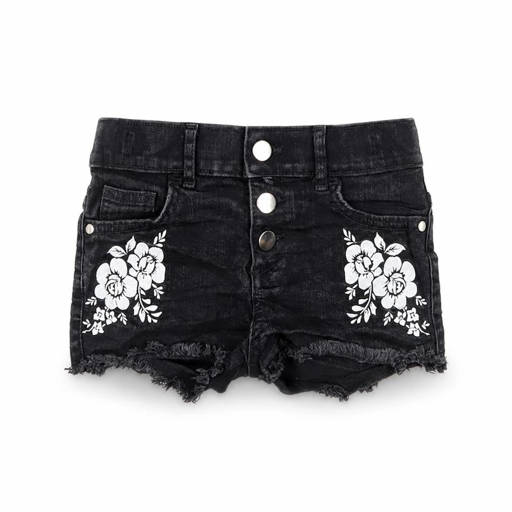 F&F Girls Black Cotton Cut-Off Shorts Size 6-7 Years Regular Buckle - Embroidered Flowers