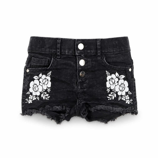 F&F Girls Black Cotton Cut-Off Shorts Size 6-7 Years Regular Buckle - Embroidered Flowers