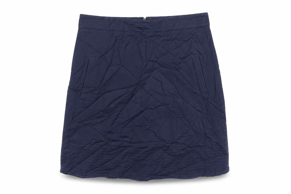 Front view of Warehouse women’s blue cotton a-line skirt, size UK 8, zip