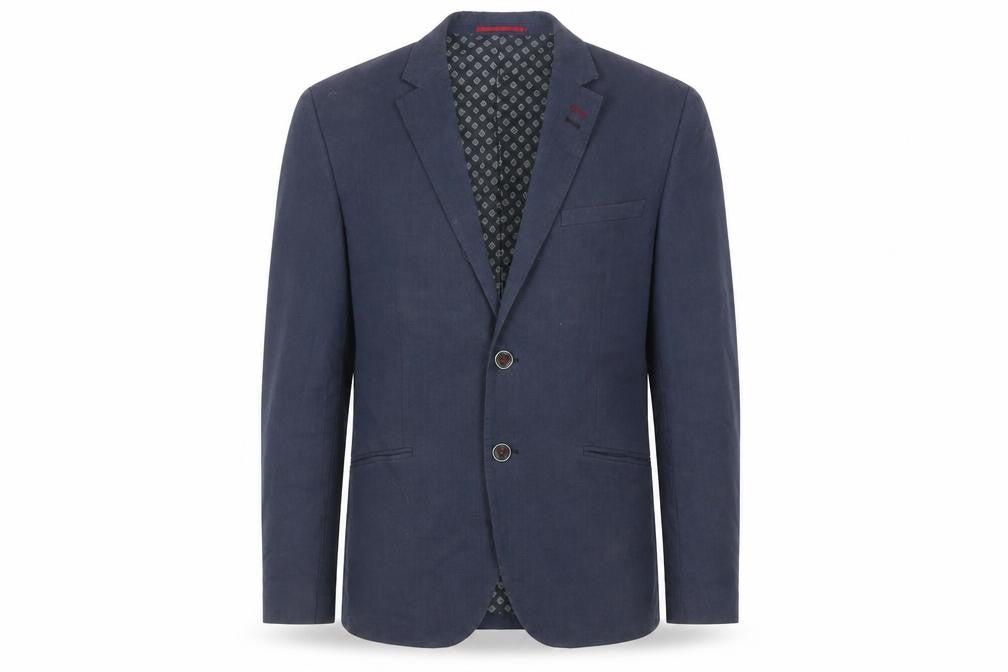 Front view of H&M men’s blue cotton jacket blazer, size 38, regular