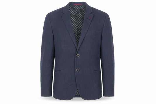 Front view of H&M men’s blue cotton jacket blazer, size 38, regular