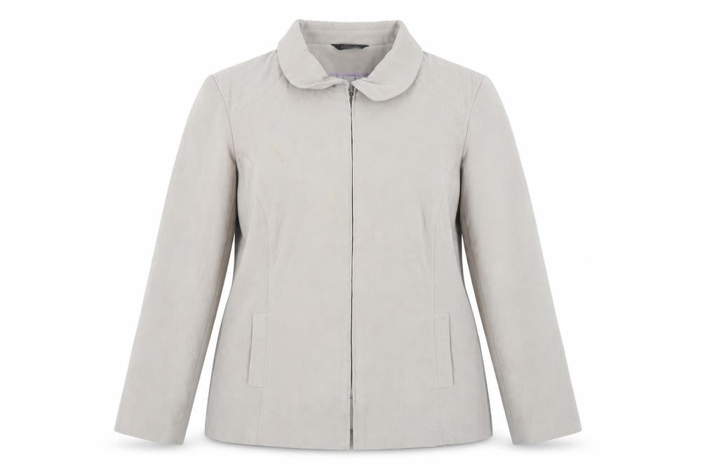 Front view of Bonmarché women’s beige jacket, size UK 24, zip