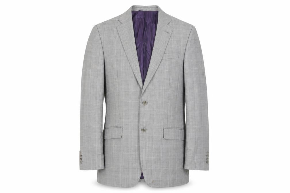 Front view of Savoy Taylors men’s grey plaid wool jacket suit jacket, size 40, regular