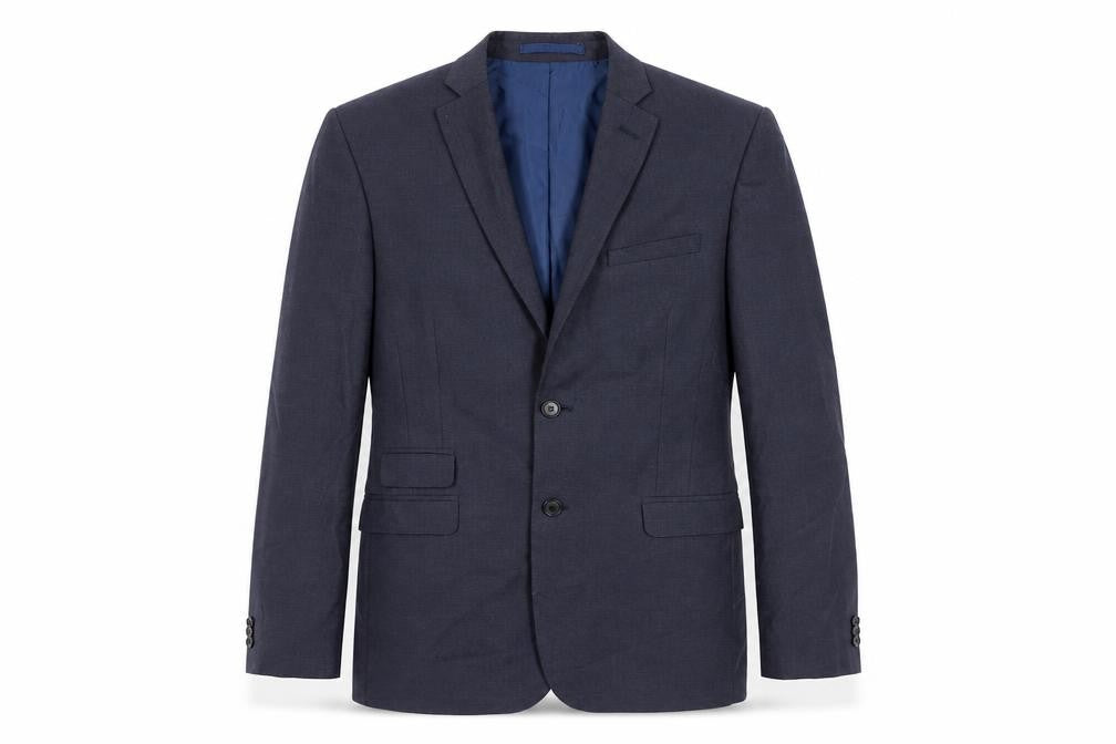 Front view of Marks & Spencer men’s blue polyester jacket suit jacket, size 40, regular