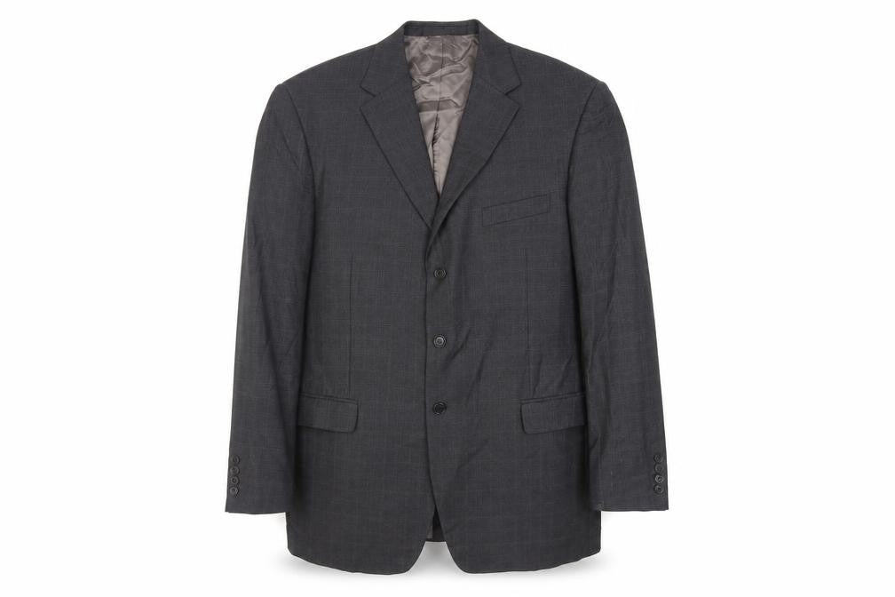 Front view of Marks & Spencer men’s grey plaid wool jacket suit jacket, size 46, regular