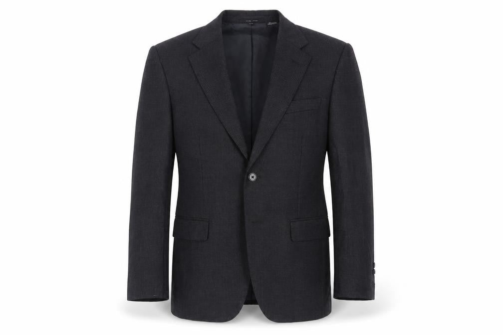 Front view of Zara Man men’s black plaid wool jacket blazer, size 36, regular