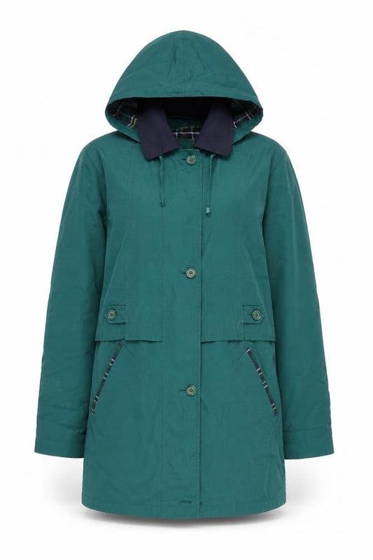 Front view of David Barry women’s green jacket, size UK 10, button - hooded
