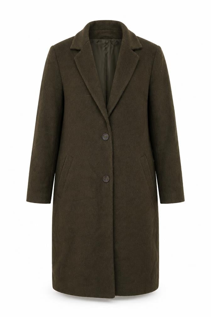 Front view of New Look women’s green overcoat coat, size UK 10, button