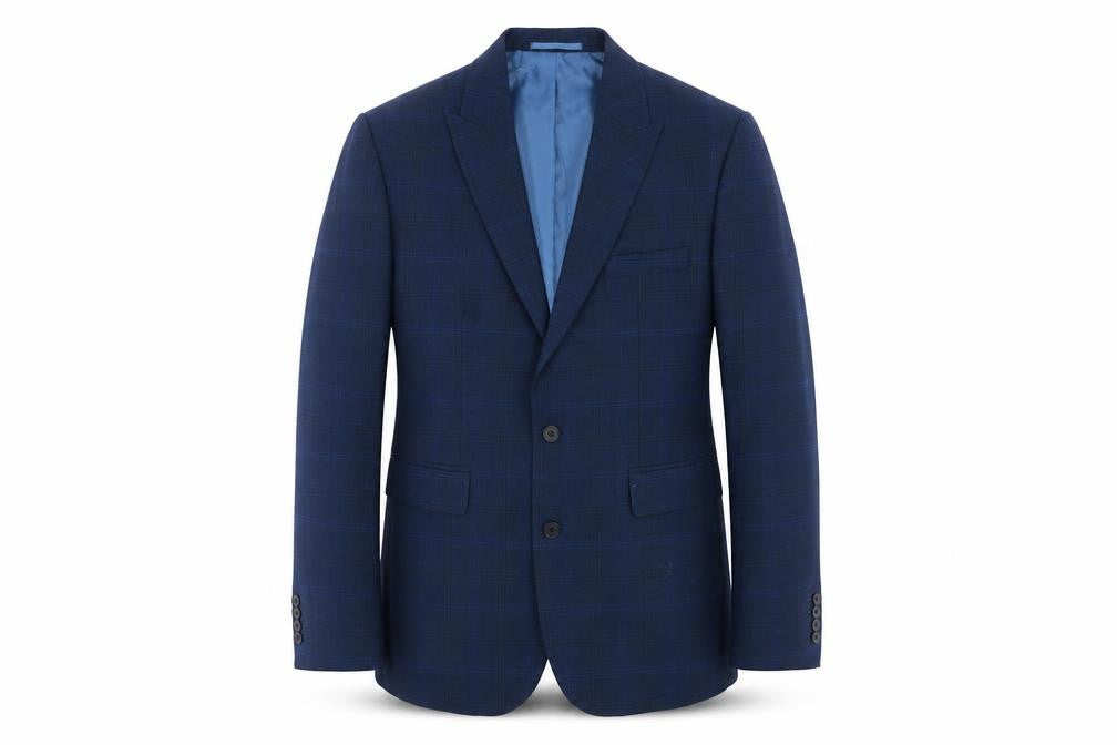 Front view of Moss 1851 men’s blue plaid polyester jacket suit jacket, size 44, regular