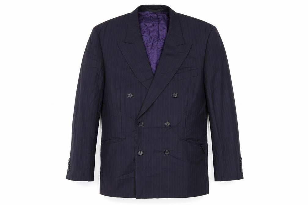 Front view of Marks & Spencer men’s blue striped wool jacket blazer, size 42, regular
