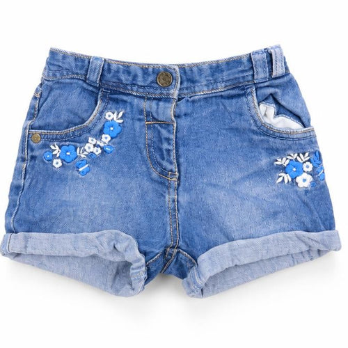 George Girls Blue Cotton Hot Pants Shorts Size 3-4 Years Regular Snap - Embroidered Flowers