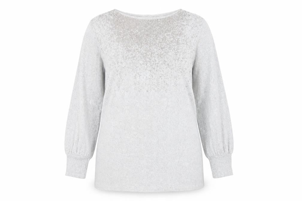 Front view of Marks & Spencer women’s grey boat neck polyester jumper, size UK 12