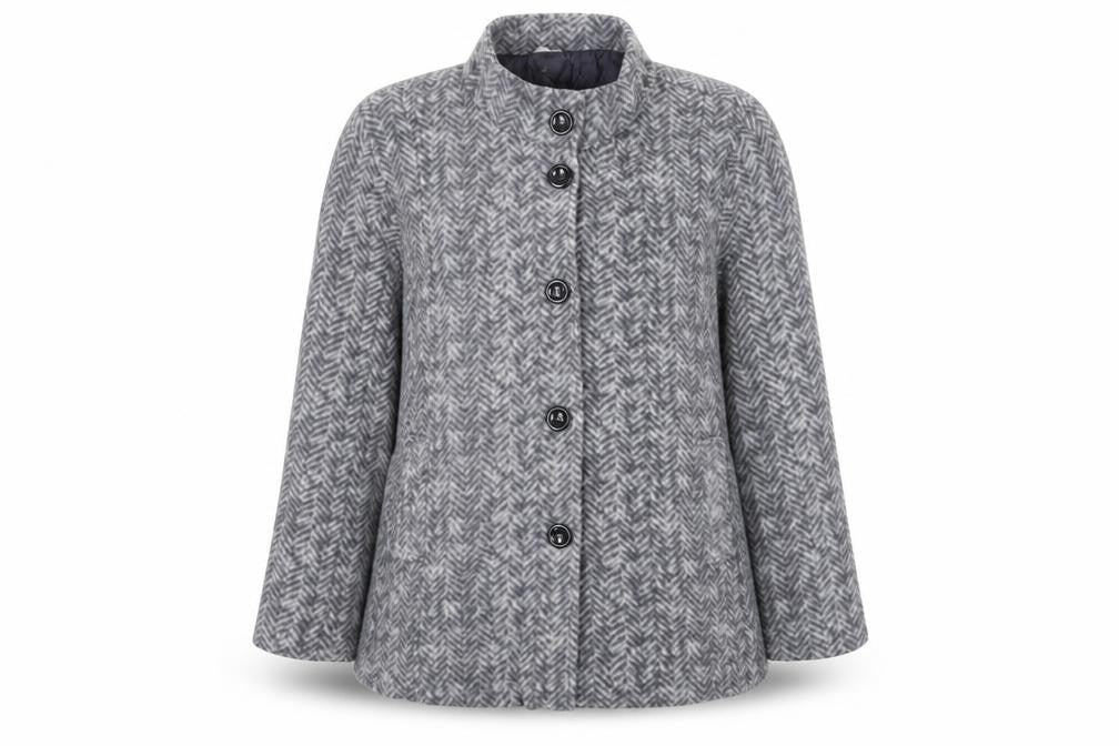 Front view of Anne de Lancay women’s grey geometric jacket blazer, size L, button