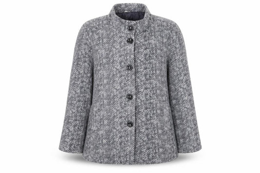 Front view of Anne de Lancay women’s grey geometric jacket blazer, size L, button