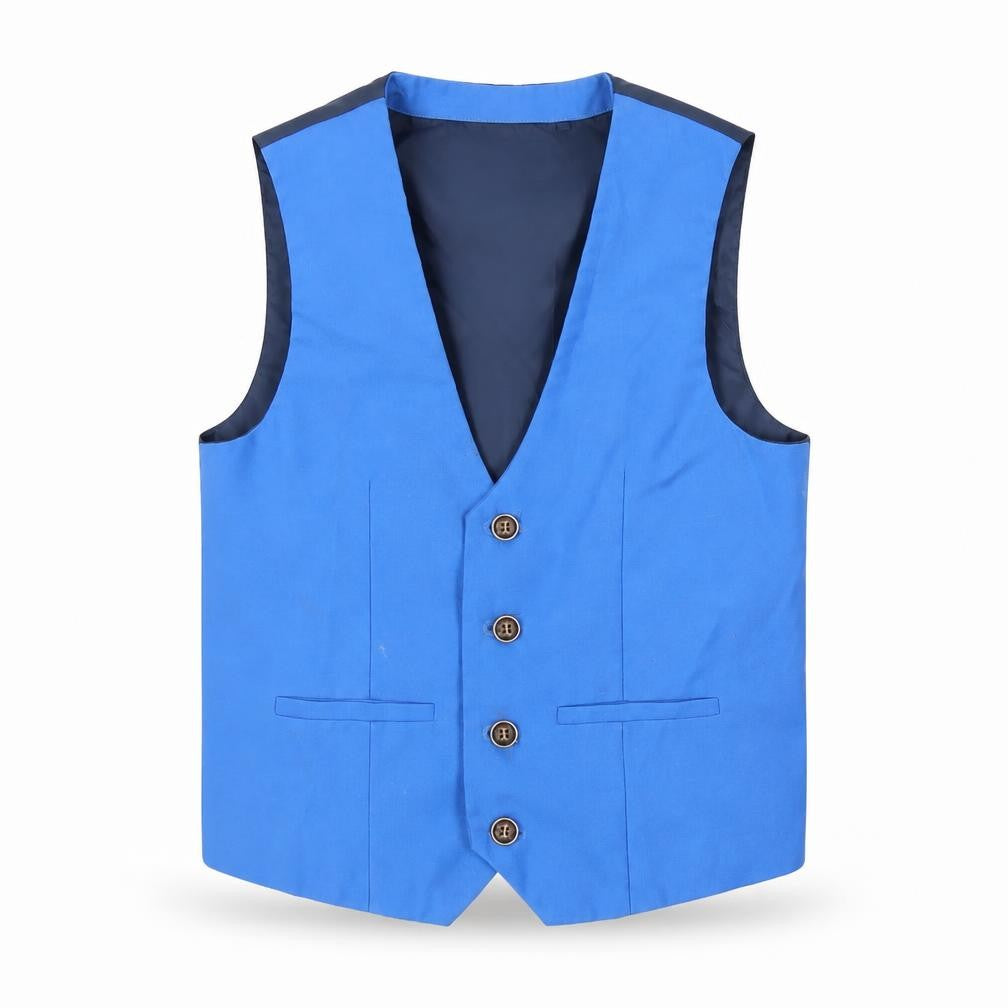 Front view of Next boys’ blue jacket waistcoat, size 8-9, years button