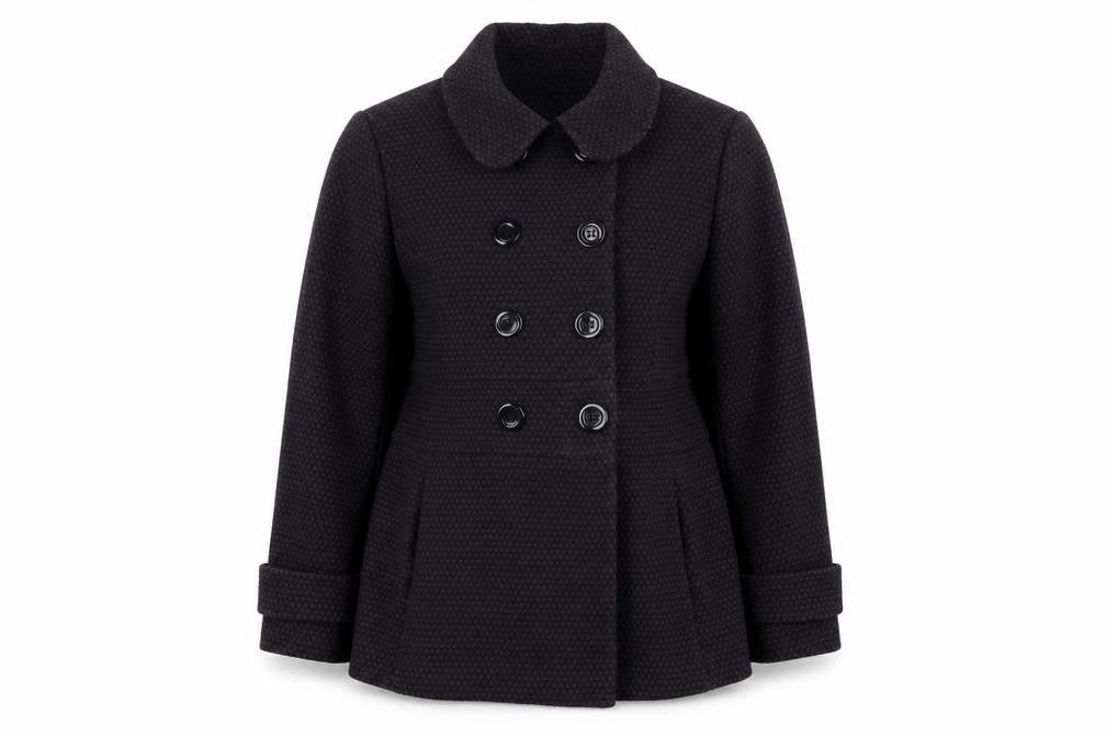 Front view of Debenhams women’s purple overcoat coat, size UK 16, button
