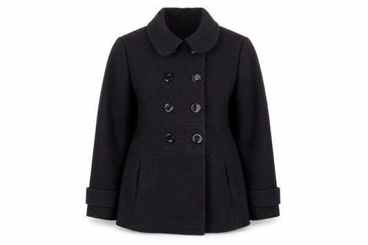 Front view of Debenhams women’s purple overcoat coat, size UK 16, button