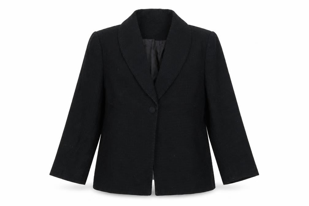 Front view of H&M women’s black jacket blazer, size UK 12, button