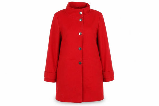 Front view of Debenhams women’s red overcoat coat, size UK 14, button