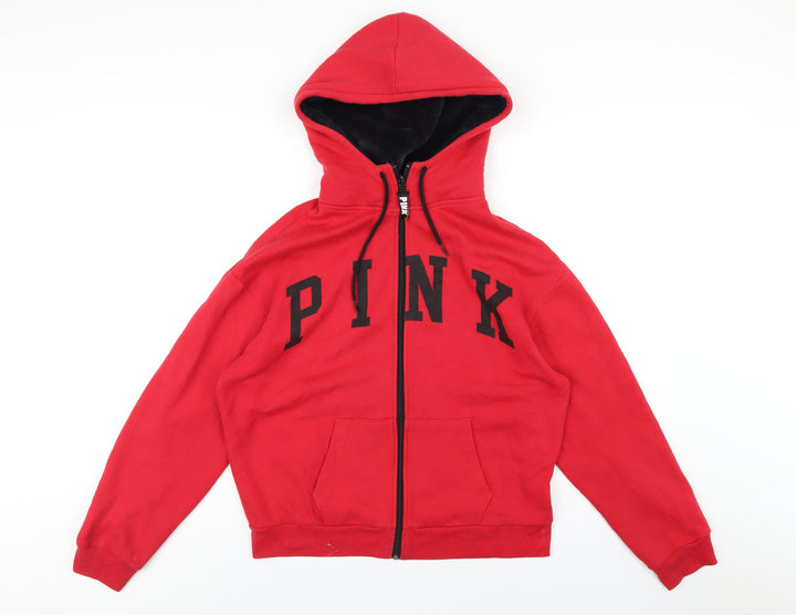 PINK Womens Red Cotton Full Zip Hoodie Size M Zip