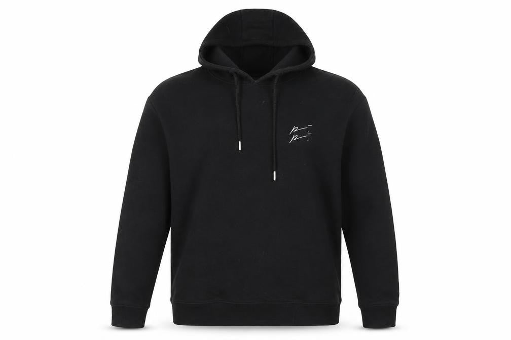 Front view of Prevu men’s black cotton pullover hoodie, size L