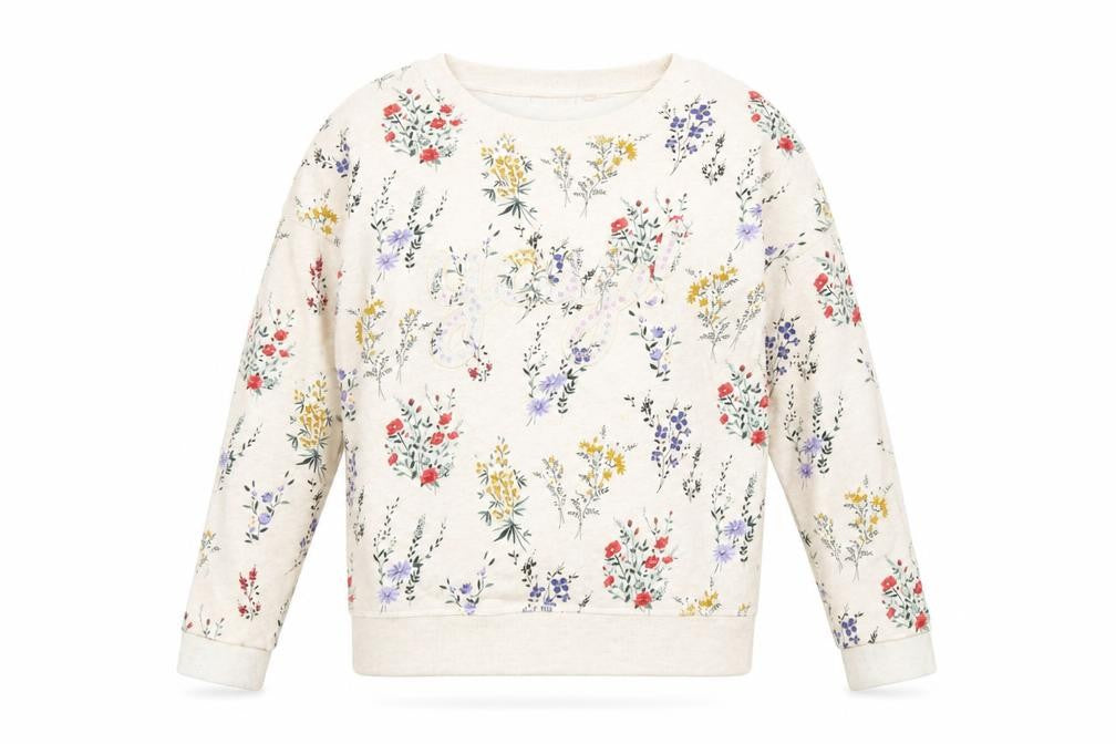 Front view of Next girls’ ivory floral cotton pullover sweatshirt, size 12, years pullover