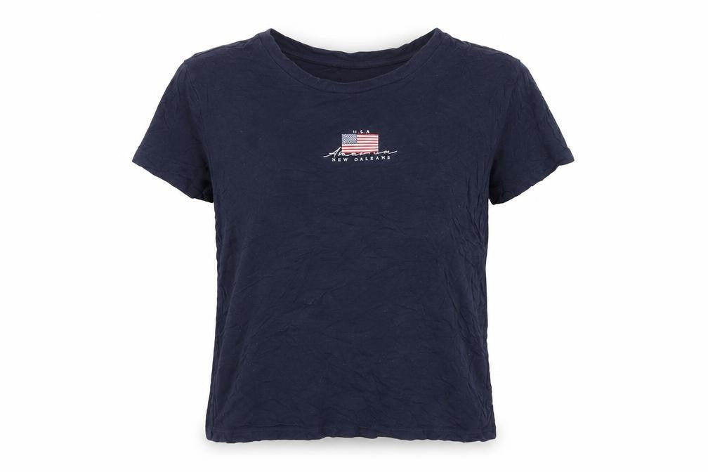 Front view of H&M women’s blue viscose basic t-shirt, size S, round neck