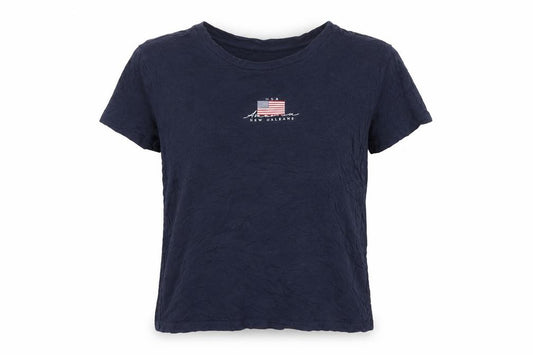 Front view of H&M women’s blue viscose basic t-shirt, size S, round neck
