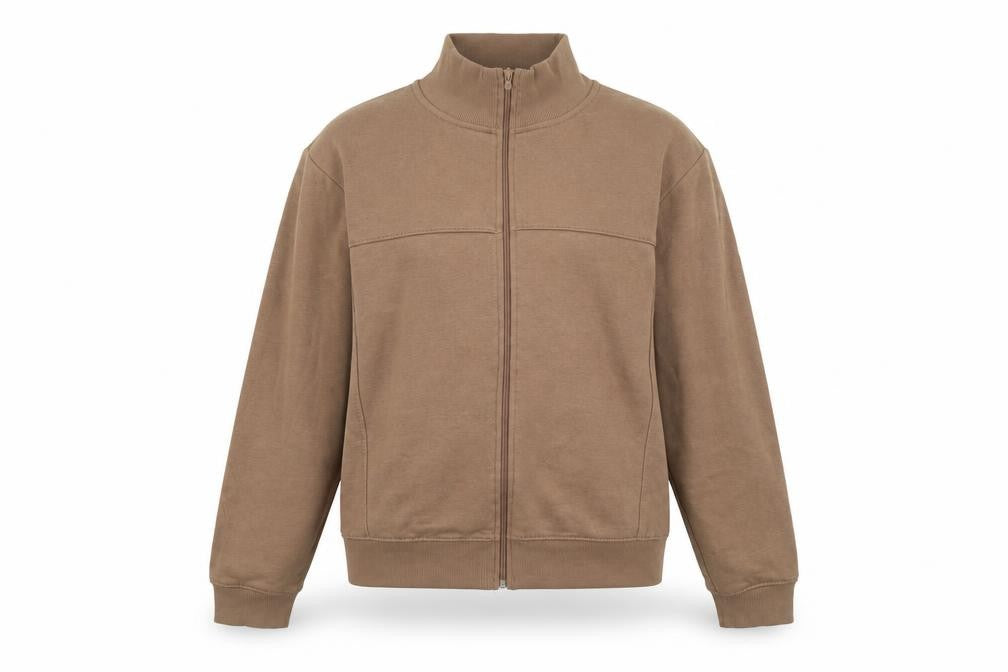 Front view of PRETTYLITTLETHING women’s brown cotton full zip sweatshirt, size UK 12, pullover