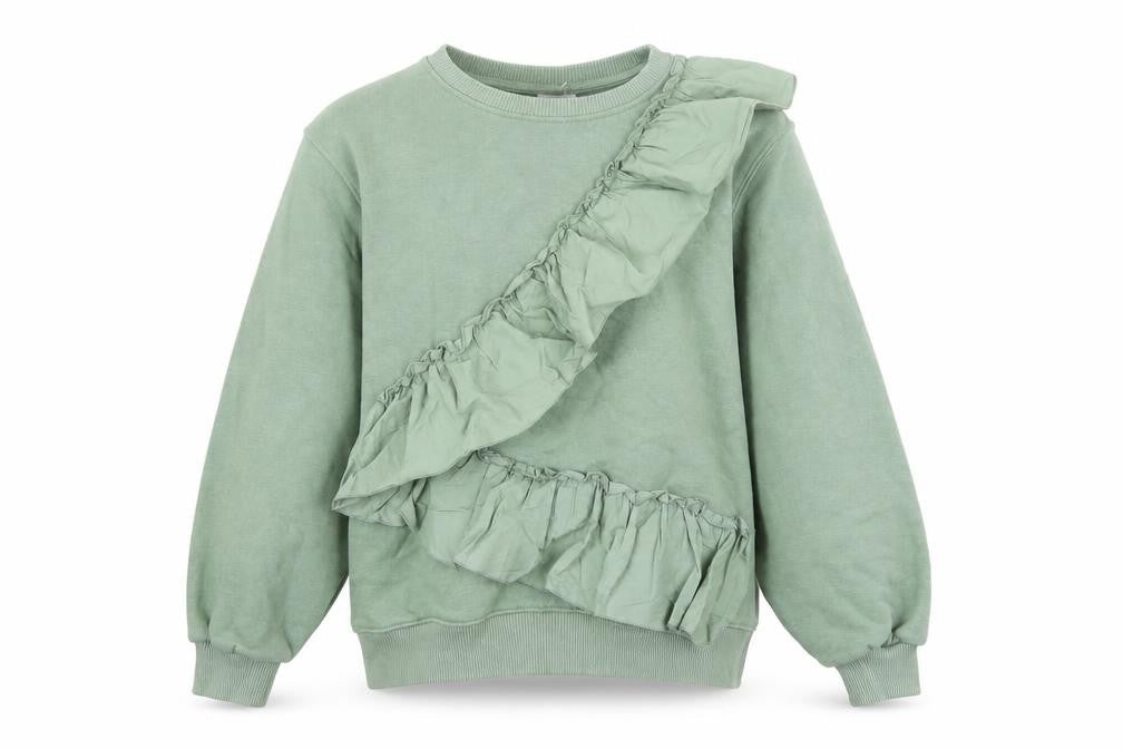Front view of Zara girls’ green cotton pullover sweatshirt, size 11-12, years pullover - ruffle