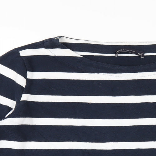Marks and Spencer Womens Blue Striped Cotton Basic T-Shirt Size 12 Round Neck