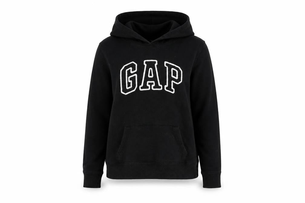 Front view of Gap women’s black cotton pullover hoodie, size S, pullover