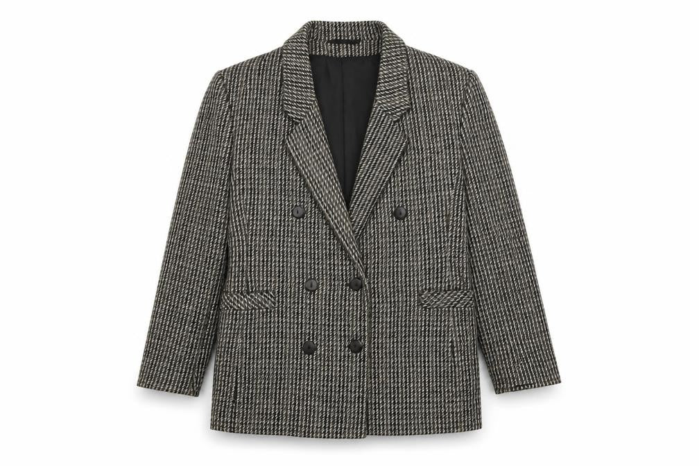 Front view of Dorothy Perkins women’s grey geometric jacket, size UK 12, button