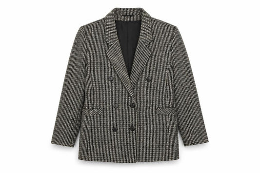 Front view of Dorothy Perkins women’s grey geometric jacket, size UK 12, button