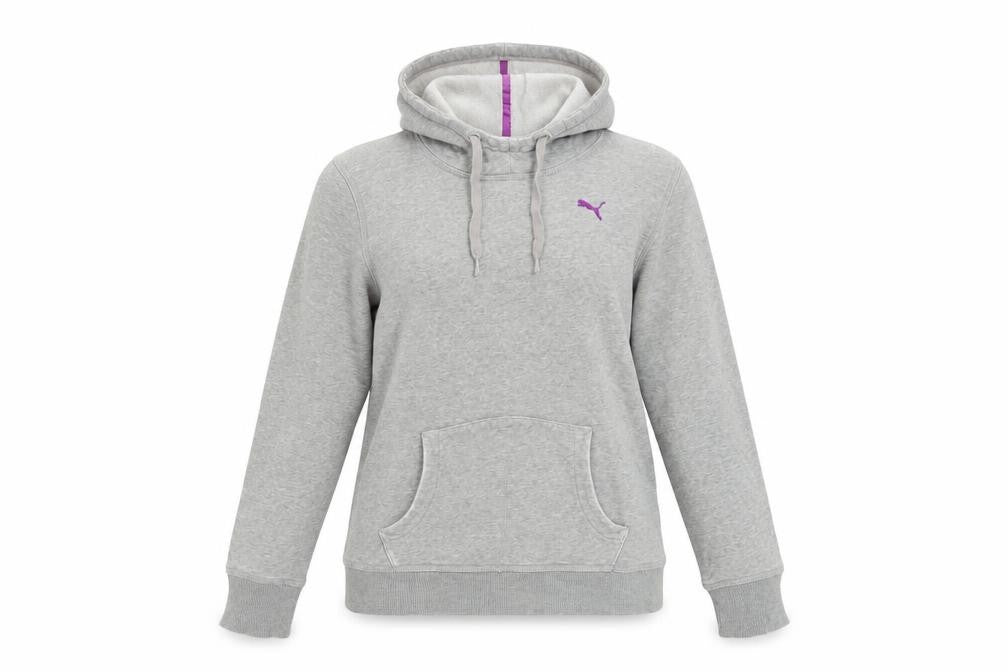 Front view of Pu, ma women’s grey cotton pullover hoodie, size UK 12, pullover