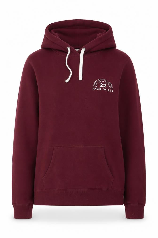 Front view of Jack Wills women’s red cotton pullover hoodie, size UK 12, pullover