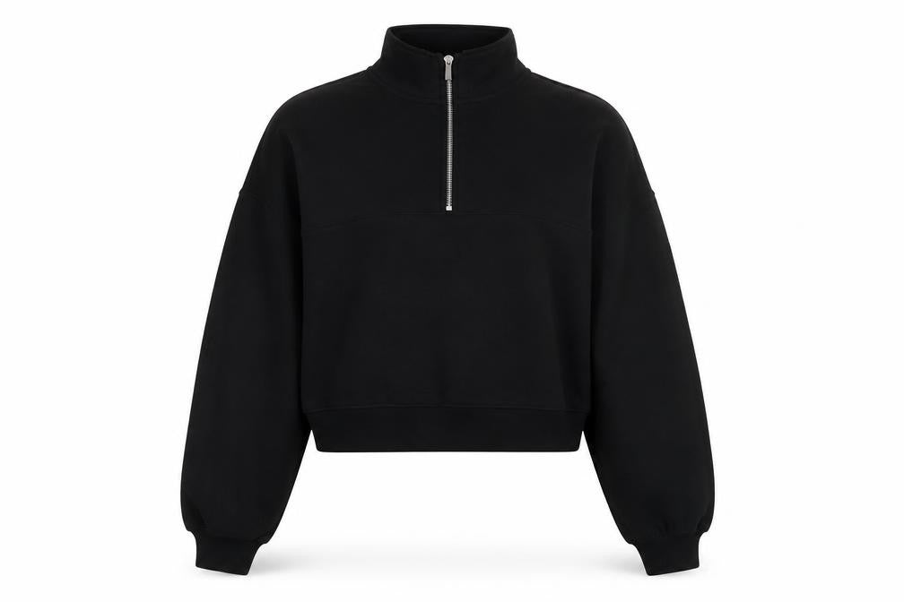 Front view of H&M women’s black cotton pullover sweatshirt, size L, zip