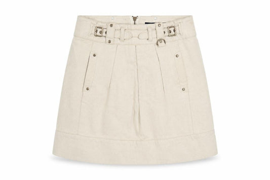 Front view of French Connection women’s beige cotton a-line skirt, size UK 10, zip