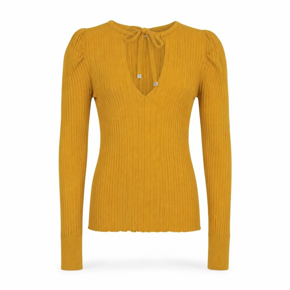 Front view of Next women’s yellow v-neck viscose jumper, size UK 8
