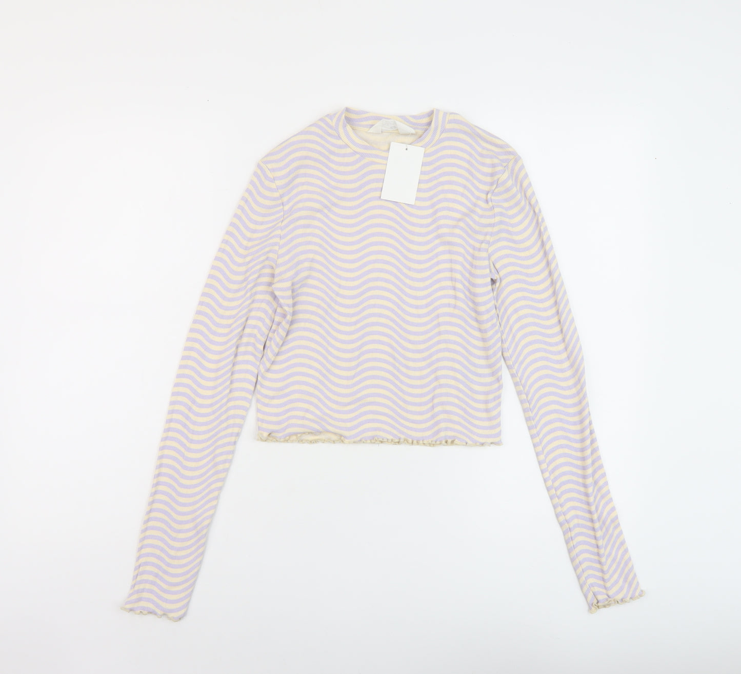 H&M Girls Purple Striped Cotton Basic T-Shirt Size 14 Years Round Neck Pullover