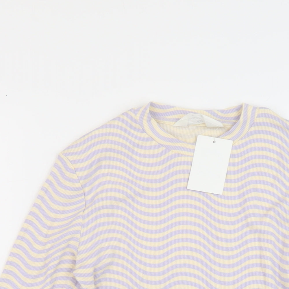 H&M Girls Purple Striped Cotton Basic T-Shirt Size 14 Years Round Neck Pullover