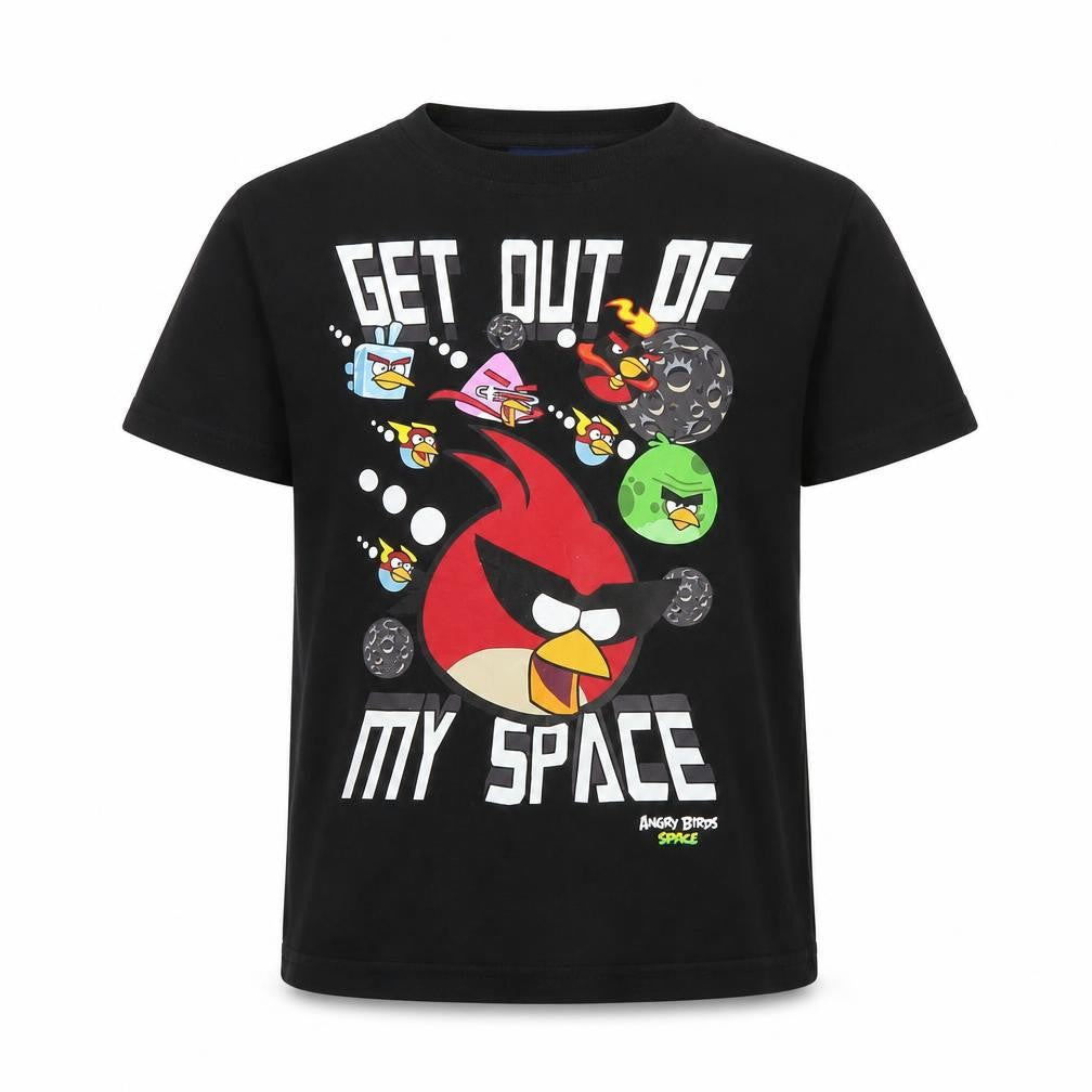 Front view of Next boys’ black cotton basic t-shirt, size 6, years crew neck pullover - angry birds