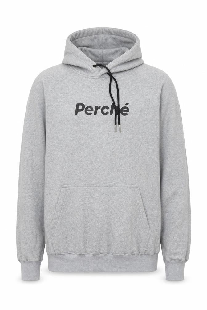 Front view of Perché men’s grey cotton pullover hoodie, size M