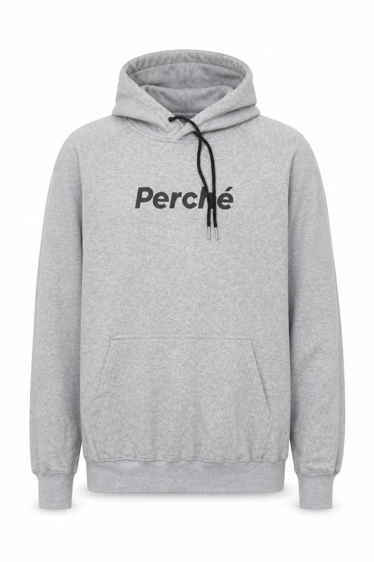 Front view of Perché men’s grey cotton pullover hoodie, size M